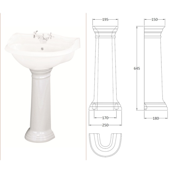 Juilet Suite Pedestal Line Drawing with Dimensions Juilet Suite Pedestal Line Drawing with Dimensions