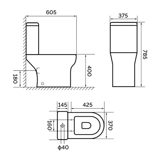 Sonix Shower Suite: White 1500 Wall Hung Double Countertop Sink Unit, Quadrant Shower & Close Coupled Toilet Dimensions line drawing of Classic White Close-coupled Parma Toilet with Soft-close Seat