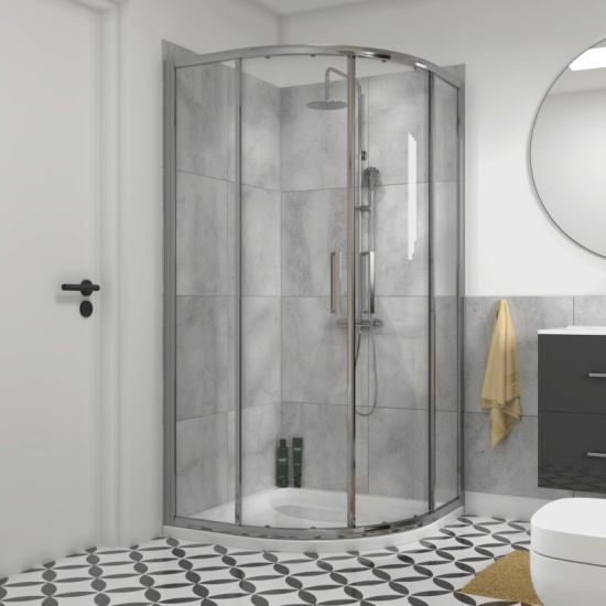 Sonix Shower Suite: White 1500 Wall Hung Double Countertop Sink Unit, Quadrant Shower & Close Coupled Toilet Quadrant Shower Enclosure for small or large bathrooms.