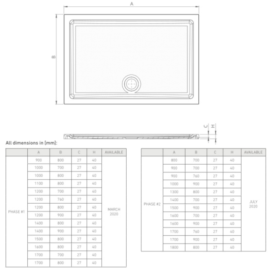 Line Drawing for Rectangular Shower Trays (all sizes) Technical Drawings showing Dimensions for Rectangular Shower Trays (900 - 1700mm)