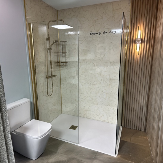 Radiant Walkin Brushed Gold 10mm Wetroom Panel 1000x2000 Showroom Lifestyle Image for Radiant Brushed Gold 1800 Walk-in Shower Enclosure for Recess with Slate Tray: Optional Hinge Panel, Waste