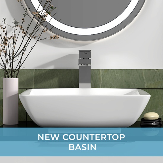 Jivana Straight Bath Suite: 1200 Grey Vanity, Wall Hung Toilet, 1700 Bath Front View of New Square Countertop Sink for Jivana Range