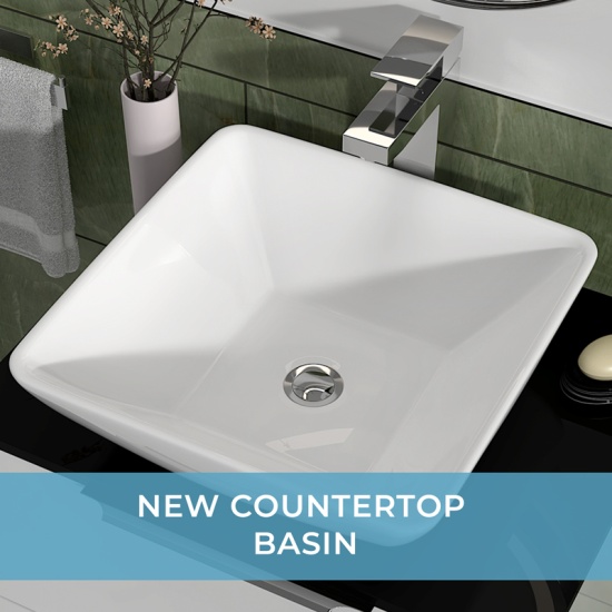 Jivana Straight Bath Suite: 1200 Grey Vanity, Wall Hung Toilet, 1700 Bath Angled Top View of New Square Countertop Sink for Jivana Range