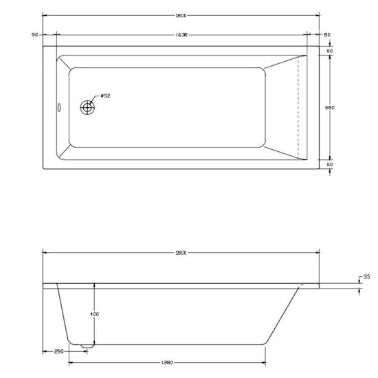 Galaxy Whirlpool Bath: 1800 x 800, 8 or 16 Jet, Single Ended, Optional Tap, Panel & Waste Tech Drawing with Galaxy Bath Dimensions