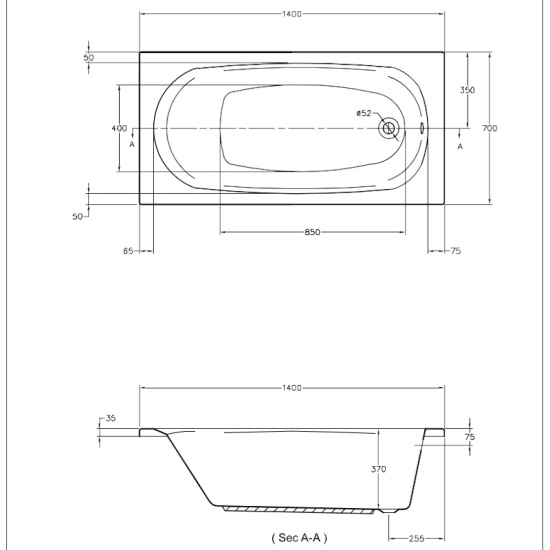 Petite Small Whirlpool Bath 1400 x 700 Tech Drawing for 1400 Petite Bath