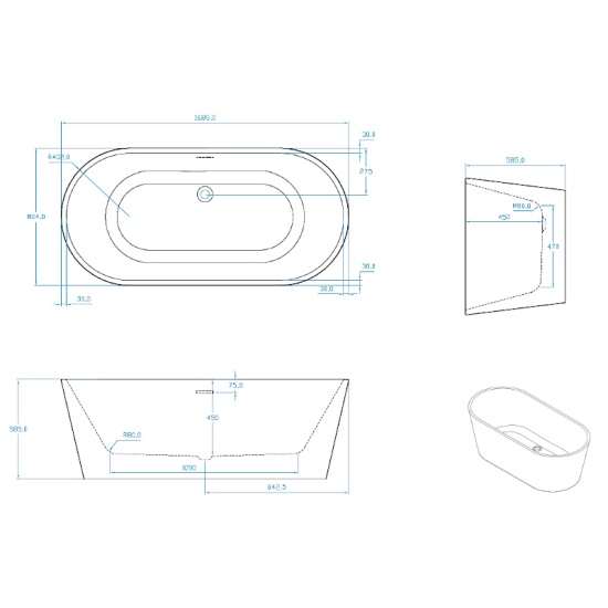 Verone 1700 X 800 Freestanding Bath White Extra Product Image For Verone Freestanding Bath Line Drawing Dimensions 1