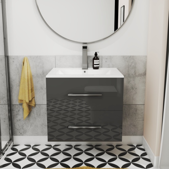 front view of 600mm vanity unit in grey  2 draw bathroom furniture for small bathrooms