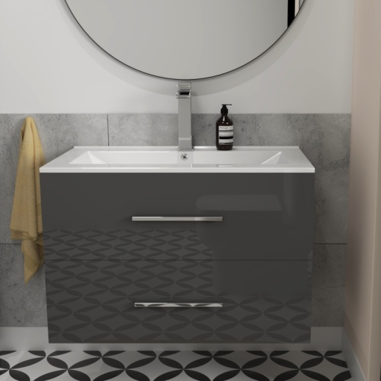 Sonix Grey Wall Hung 610 Unit 2 Drawers Ceramic Basin