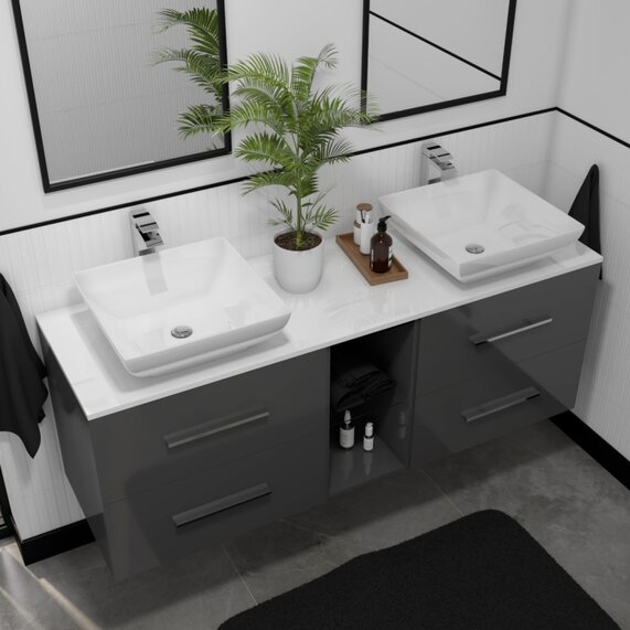 Sonix 1500 Glass Top Wall Hung Vanity Storage Unit Inc Basins and Taps