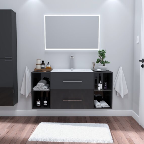Sonix 1170 Grey Wall Hung Basin With 2 Drawer Storage Cabinet Vanity Unit