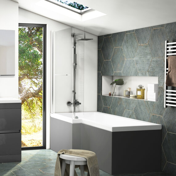 Patello Grey 1700mm L Shaped Shower Bath | Left Hand