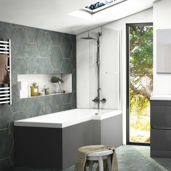 Patello 1700mm Grey L Shaped Shower Bath | Right Hand