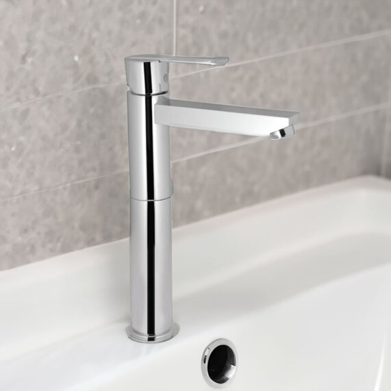 Fonte Single Lever High Neck Basin Mixer (150mm Extension Body) with out Popup Waste, with 600mm Long Braided Hoses, Hp 1.0