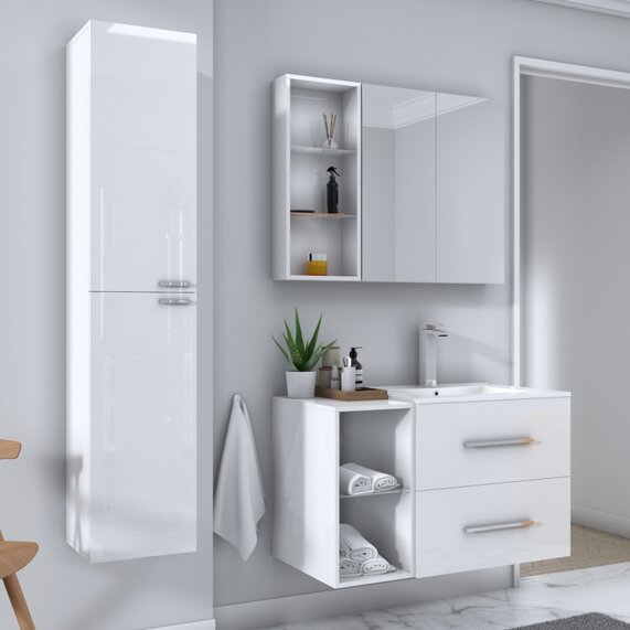Sonix - White 900mm Vanity Unit Furniture Set with Tallboy and Mirror Cabinet