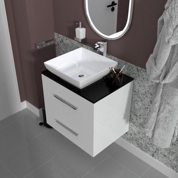 Sonix White 600mm Wall Hung Bathroom Vanity Unit with Grey Glass Top, Basin, Tall Tap & Waste