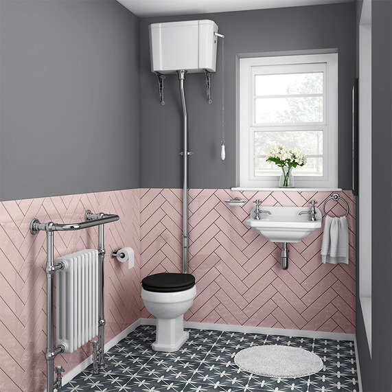 Burlington Regal High Level Toilet Pan with Brushed Aluminium Cistern and Flush Kit
