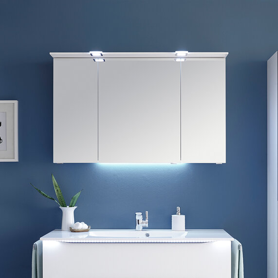 Solitaire 6025 Mirror Cabinet: LED Canopy Light, 3 Doors, 6 Glass Shelves, Power Outlet (Various sizes up to 1300mm)