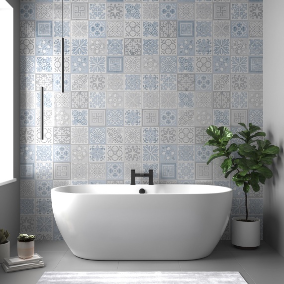 Victorian Blue - Acrylic Shower Wall Panels, Tile-effect, Various Sizes