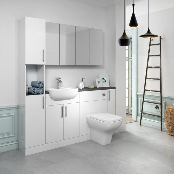 Oliver 1700 Unit with Sink, Toilet, Mirror Cabinets & Tall Storage: Bathroom Fitted Furniture Set