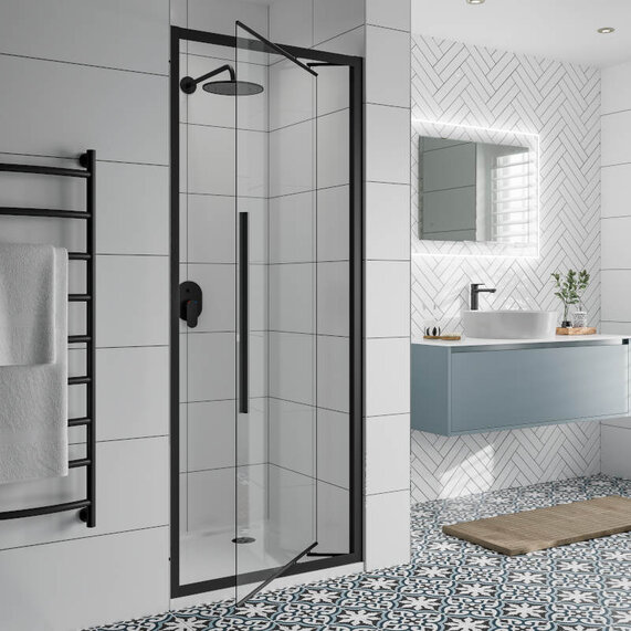 Various Sizes - Black 8mm Shower Door with Clear Glass - In Swing, Black Frame, Optional Side Panel, Jaquar