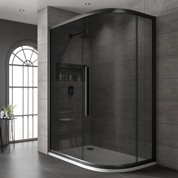 800mm x 1200mm - Black 8mm Shower Enclosure with Dark Glass - Offset Quadrant, One Door, Black Frame, Jaquar