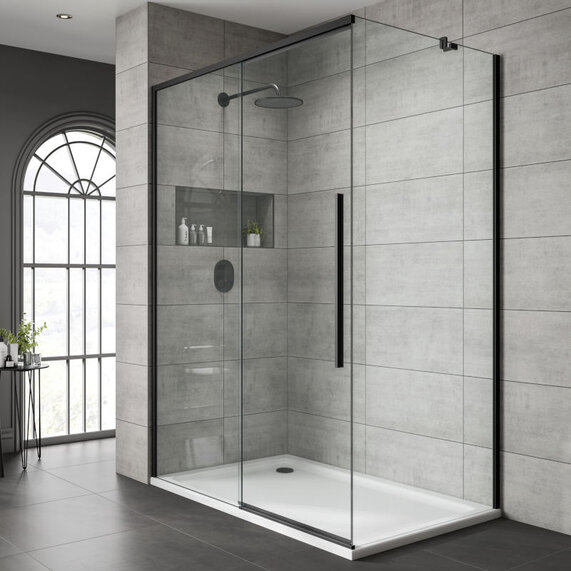 1500mm & 1700mm - Black 8mm Shower Door with Clear Glass - Sliding, Black Frame, Optional Side Panel, Jaquar