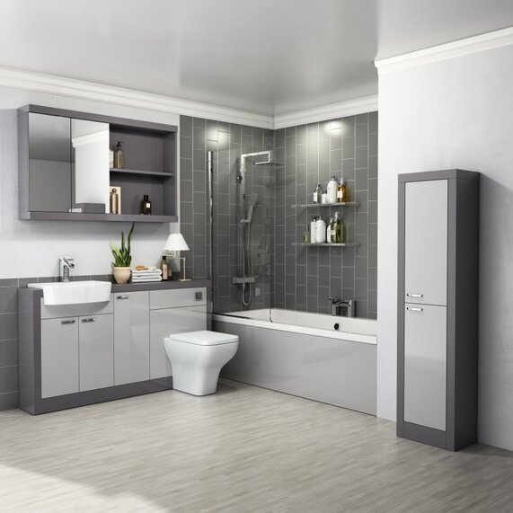 Shower Bath Suite - Straight Bath with 1500 Combination Sink & Toilet (Platinum Grey), Grove 1500