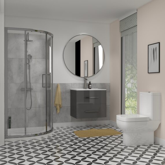 Quadrant Shower Cubicle, Vanity & Toilet Bundle - Small Grey 600mm Vanity Unit, 900mm Quadrant Shower & Closed Coupled Toilet