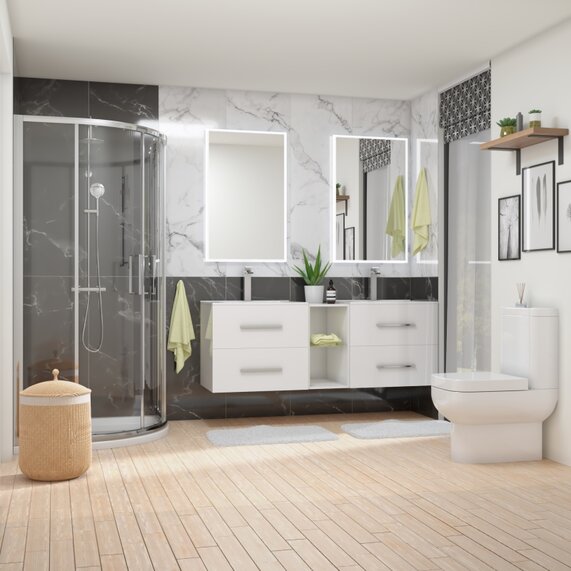 Quadrant Shower Enclosure Bathroom Suite All-in-one Deal - Large White 1500mm Double Vanity Unit, 900mm Quadrant Shower & Close Coupled Toilet