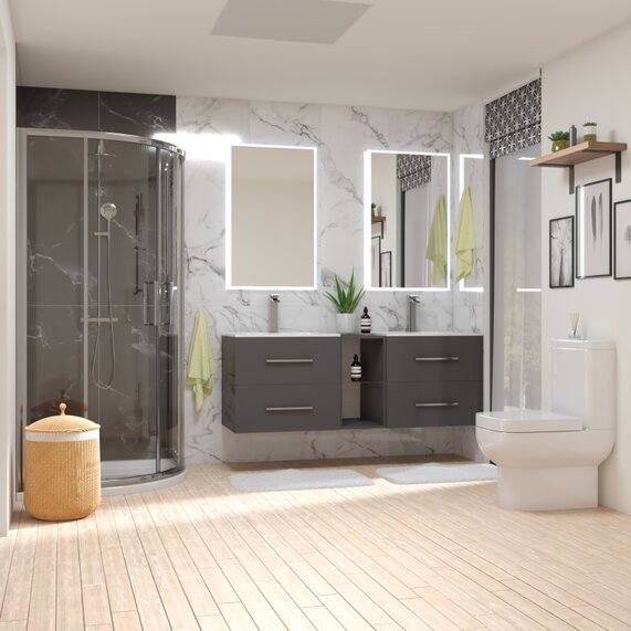 Complete Shower Suite Package Deal - Large Grey 1500mm Double Vanity Unit, 900mm Quadrant Shower & Close Coupled Toilet