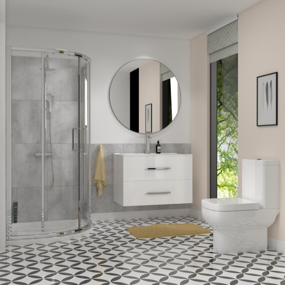 Quadrant Shower Enclosure Bathroom Suite Package with White 800mm Vanity Unit, 900mm Quadrant Shower & Close Coupled Toilet