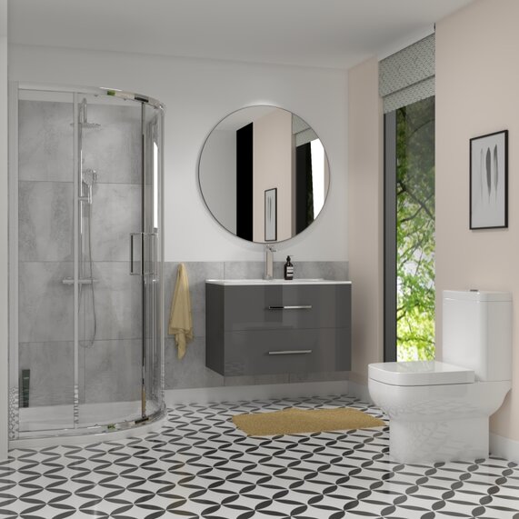 Full Shower Enclosure, Vanity & Toilet Package Deal - Grey 800mm Sink Unit, 900mm Quadrant Shower & Close Coupled Toilet