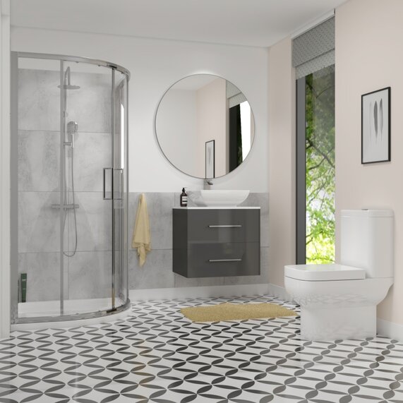 Complete Quadrant Shower Enclosure, Vanity & Toilet Set - Grey 600mm Counter Top Vanity Unit, 900mm Quadrant Shower & Close Coupled Toilet