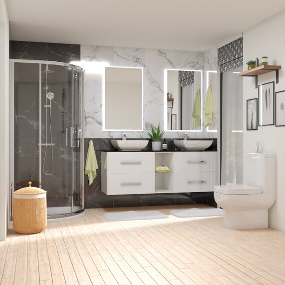 Quadrant Shower Enclosure Bathroom Suite All-in-one Package with White 1500mm Double Sit-on Basin Unit, 900mm Quadrant Shower & Close Coupled Toilet