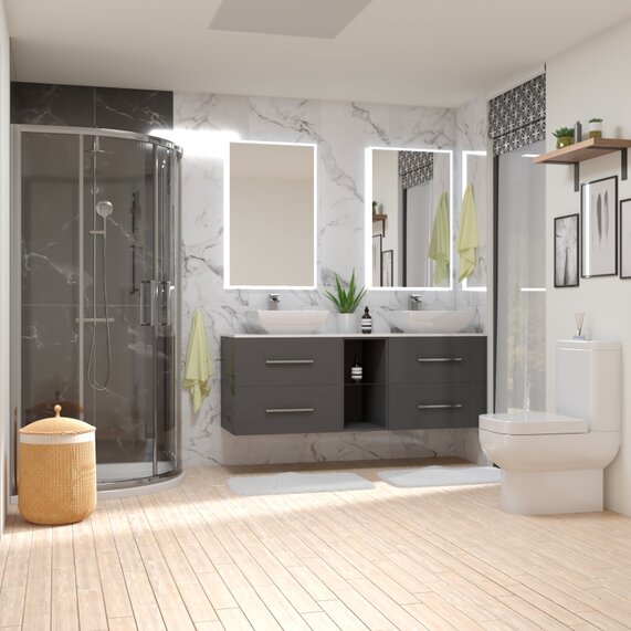 Full Shower Enclosure, Vanity & Toilet Bundle - Large Grey 1500mm Double Countertop Vanity Unit, 900mm Quadrant Shower & Close Coupled Toilet