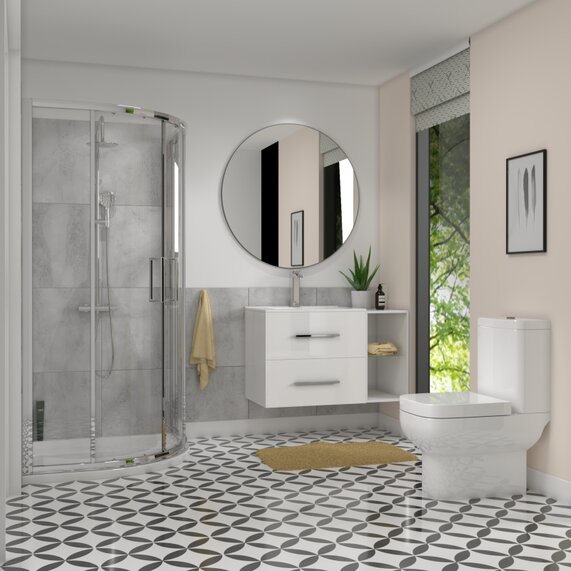 Quadrant Shower Enclosure Bathroom Suite All-in-one Deal - White 900mm Sonix Vanity, 900mm Quadrant Shower & Close Coupled Toilet