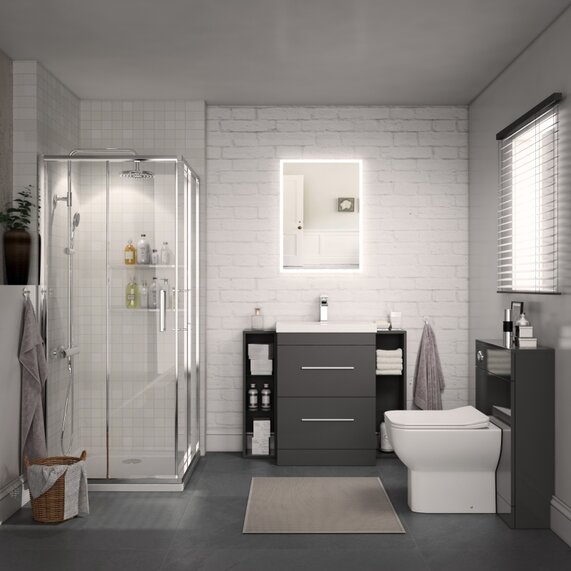 Corner Shower Enclosure Bathroom Suite Package with 1000mm Grey Patello Vanity Unit & Back to Wall Toilet