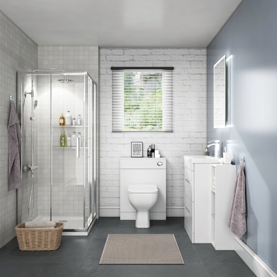 Full Shower Enclosure, Vanity & Toilet Package Deal - White 1000mm Basin Unit, 760mm Corner Shower & WC Toilet Unit