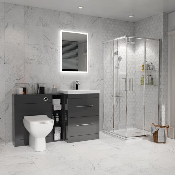 Shower Suite Package Deal with Grey 1400mm Patello Vanity, Toilet, Storage & 760 Corner Enclosure