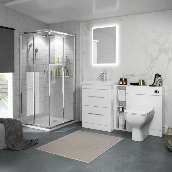 Complete Corner Shower Enclosure, Vanity & Toilet Set - White 1400mm Sink Unit, Shelves, 760mm Corner Shower, Back to Wall Toilet