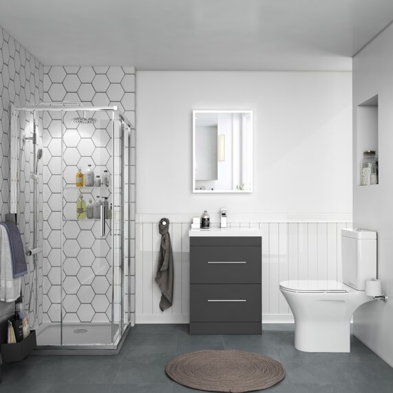 Corner Shower Enclosure Bathroom Suite All-in-one Package with Grey 600mm Vanity Unit, 760 Corner Shower & Close Coupled Toilet