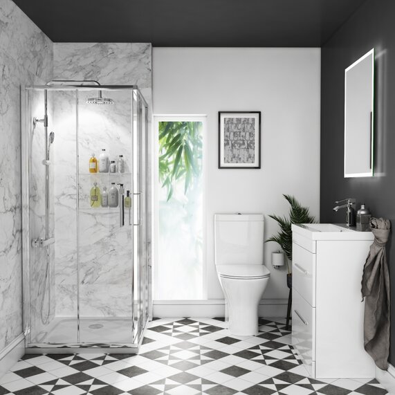 Full Shower Enclosure, Vanity & Toilet Bundle - White 600mm Sink Unit, Reduced Height Corner Shower & Close Coupled Toilet