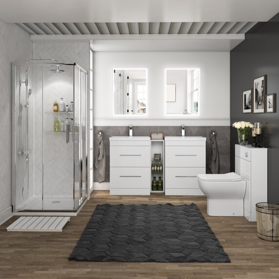 Corner Shower Cubicle, Vanity & Toilet Bundle - Large White Double Basin Cabinet, 760 Corner Shower & WC Toilet Unit