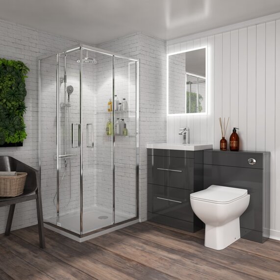 Corner Shower Enclosure Bathroom Suite All-in-one Deal - Grey 1200 Basin Unit & Toilet, 760mm Radiant Corner Shower