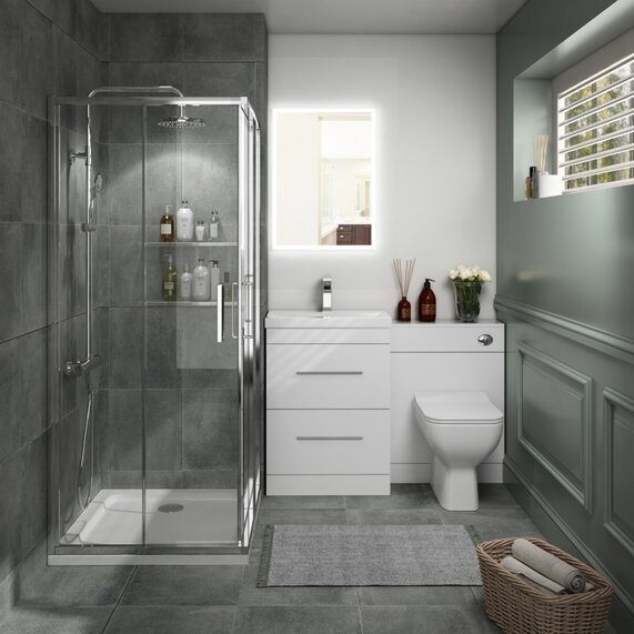 Complete Shower Suite Package Deal - White 1200mm Basin Unit, Toilet and 760mm Corner Shower