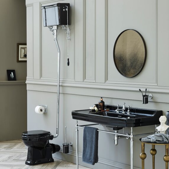 Burlington Jet Black Traditional High Level Traditional Toilet with Black Ceramic Cistern & Optional Black Seat