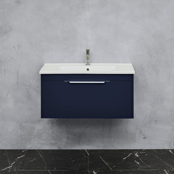 Britton Shoreditch Wall Hung 850mm Vanity Unit: Square or Round Basin, Single Drawer, Various Colours
