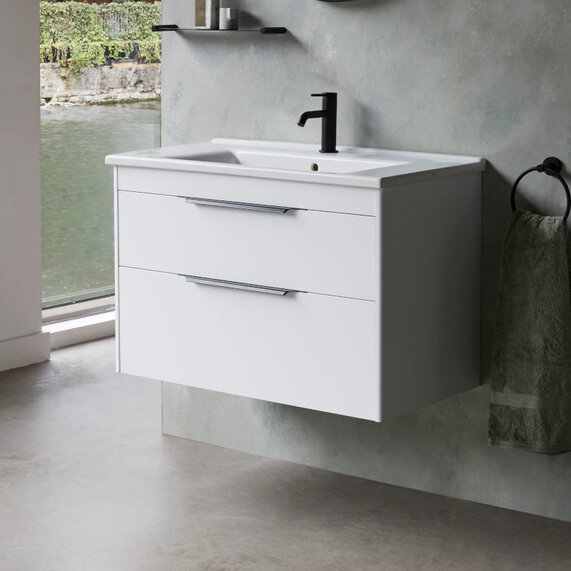 Britton Shoreditch Wall Hung 850mm Vanity Unit: Square or Round Basin, Double Drawers, Various Colours