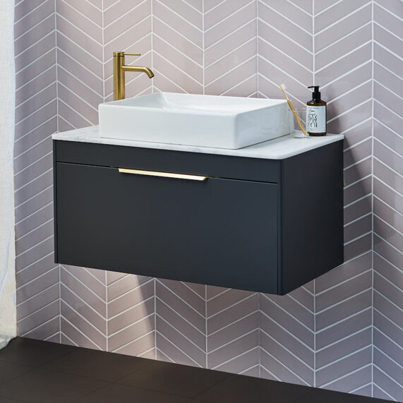Britton Shoreditch Wall Hung 850mm Vanity Unit with Quad Countertop Basin: Single Drawer, Various Colours, Handle Options