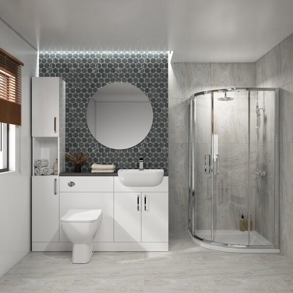 Oliver Suite 1500 Unit with Sink, Toilet & Tall Storage and Quadrant Shower: Bathroom Fitted Furniture Pack